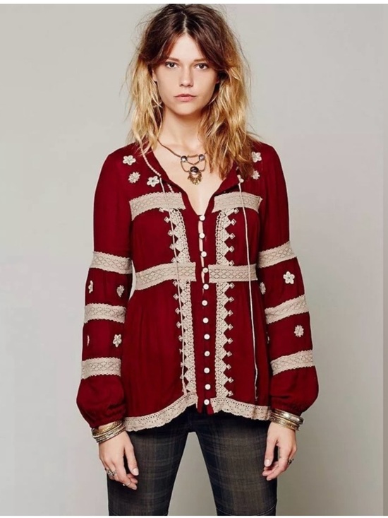 Free People Tops - Free People Iris Top NWOT Cranberry XS Boho Embroidered Lace Peasant Blouse